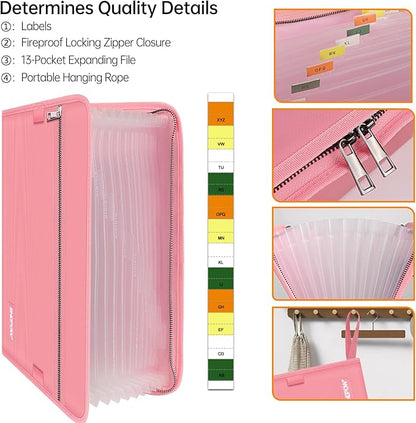 ENGPOW Accordion File Organizer,Fireproof 13 Pockets Expanding File Folder,Document Organizer Folder with Zipper＆Labels,Portable Home Travel Safe Storage for Letter A4 Files and More,Pink