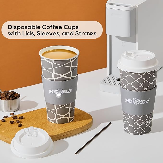 JOLLY PARTY [100 Sets] 20 oz Paper Coffee Cups, Disposable Coffee Cups with Lids,Sleeves and Straws, Hot Cold Beverage Drinking Cup for Water, Coffee or Tea, To-Go Cup Suitable for Office and Travel