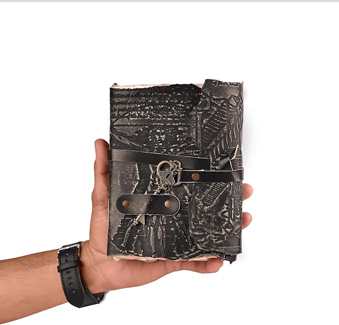 LEATHER VILLAGE Genuine Leather Handmade Journal for Men & Women – Vitruvian Man Embossed Cover – Key Closure – Book of Shadow – Vintage Deckle Edge Paper for Writing, Drawing – 7x5 Inches – Black