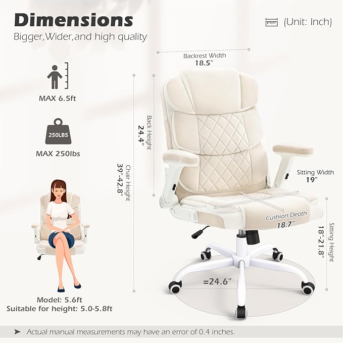 SEATZONE Home Office Desk Chairs with Wheels and Flip-up Armrests,Velvet Fabric Executive Office Chair Comfortable Ergonomic Computer Chairs for Adults and Teens,Beige
