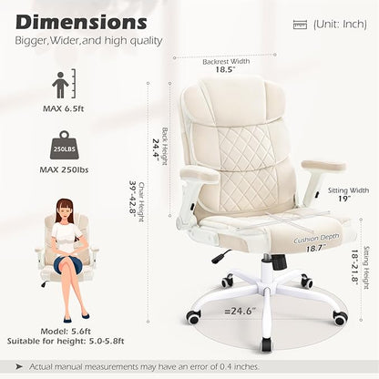 SEATZONE Home Office Desk Chairs with Wheels and Flip-up Armrests,Velvet Fabric Executive Office Chair Comfortable Ergonomic Computer Chairs for Adults and Teens,Beige