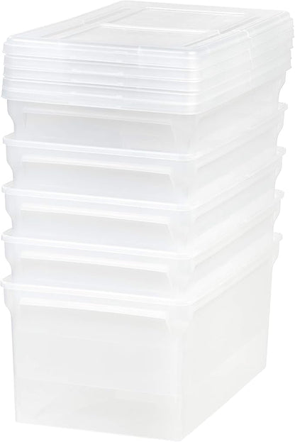 IRIS USA File Box File Organizer w/Hinged Split Latching Lid for Letter/Legal File, Water Resistant Document Box, BPA-Free, Plastic Storage Bin Tote Organizer, Stackable, Nestable, Clear 44 Qt. 5Pack