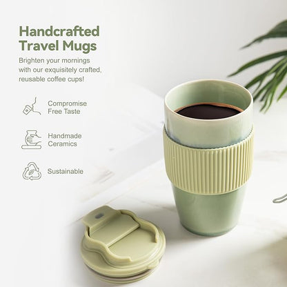 Ceramic Travel Coffee Mug with Polypropylene Lid and Insulated Sleeve, 16 oz, Portable Coffee Cup for Car Cup Holder, Transmutation Glaze Microwave and Dishwasher Safe(Light Green)