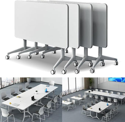 Folding Conference Table Modern Large Mobile Meeting Table Rolling Conference Room Tables with Wheels Seminar Tables for Office Training Classroom (4, White, 63" D X 19.7" W X 29.5" H)