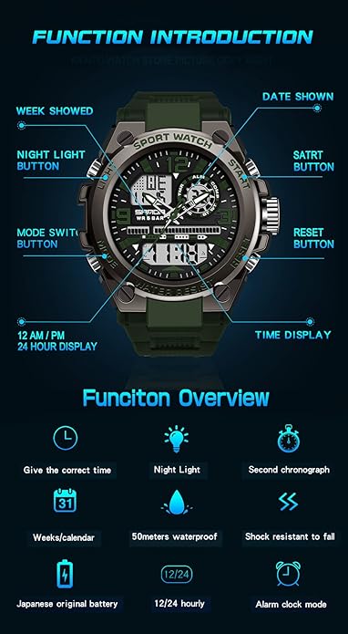 KXAITO Men's Watches Sports Outdoor Waterproof Military Watch Date Multi Function Tactics LED Alarm Stopwatch