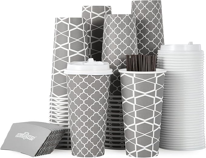 JOLLY PARTY [100 Sets] 20 oz Paper Coffee Cups, Disposable Coffee Cups with Lids,Sleeves and Straws, Hot Cold Beverage Drinking Cup for Water, Coffee or Tea, To-Go Cup Suitable for Office and Travel