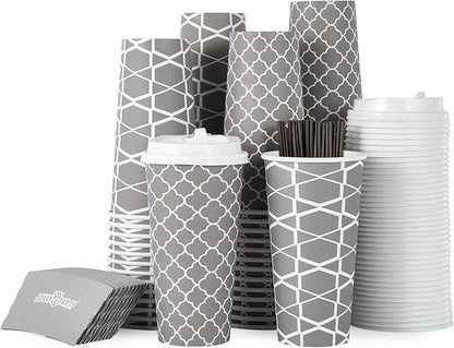 JOLLY PARTY [100 Sets] 20 oz Paper Coffee Cups, Disposable Coffee Cups with Lids,Sleeves and Straws, Hot Cold Beverage Drinking Cup for Water, Coffee or Tea, To-Go Cup Suitable for Office and Travel