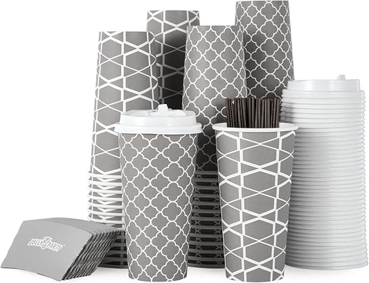 JOLLY PARTY [100 Sets] 20 oz Paper Coffee Cups, Disposable Coffee Cups with Lids,Sleeves and Straws, Hot Cold Beverage Drinking Cup for Water, Coffee or Tea, To-Go Cup Suitable for Office and Travel