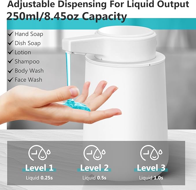 Automatic Soap Dispenser Liquid Touchless: 9oz Plastic White 3-Level Adjustable Modern Rechargeable Electric Smart Auto Soap Dispenser - Bathroom Kitchen Hand Dish Lotion
