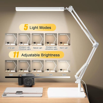 Swing Arm Desk Lamp with Base, 80 LED Beads, 5 Color Modes & 11 Brightness Levels, 360° Adjustable Arm, Eye-Caring Light CRI95, Timer & Memory Function, for Office, Study, Crafting
