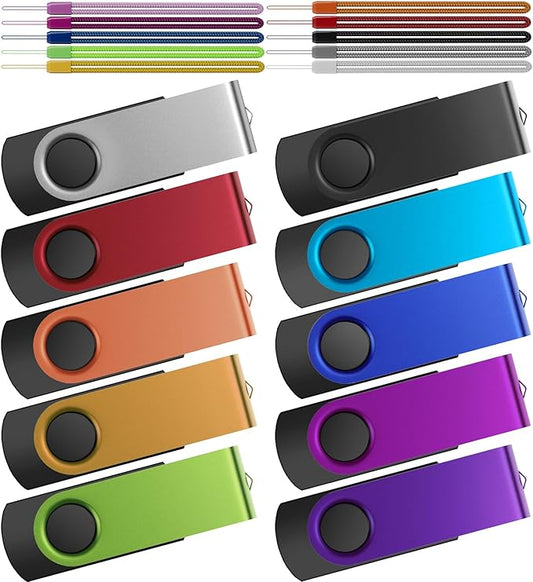 Kepmem 8GB Flash Drive 10 Pack Thumb Drives Bulk, Multipack Zip Drive 8 GB USB Memory Sticks Metal Swivel Pen Drive, Portable Jump Drive Value Multicoloured Pendrives with 10pcs Ropes