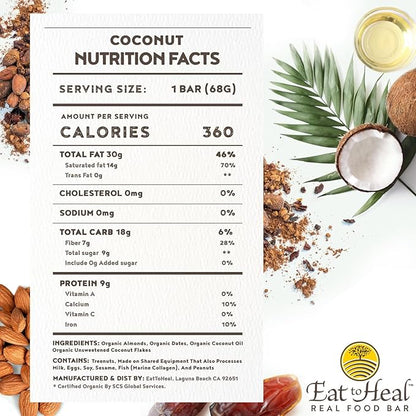 EatToHeal Coconut Real Food Bar - Organic Vegan Healthy Gluten Free Protein Bars - Low Sugar Meal Replacement Bar, Non GMO, Never Baked, Plant Based - Crafted to Enjoy, Not Sit on Shelves