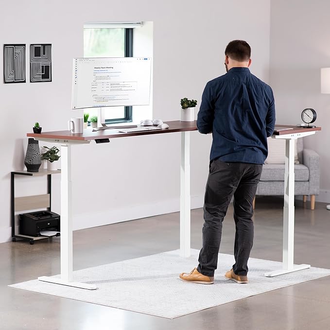 VIVO Electric 78 x 55 inch Square Corner Memory L Shaped Stand Up Desk, Dark Walnut Table Top, White Frame, Corner Height Adjustable Workstation, 3E-S Series, DESK-KIT-3E5SWD