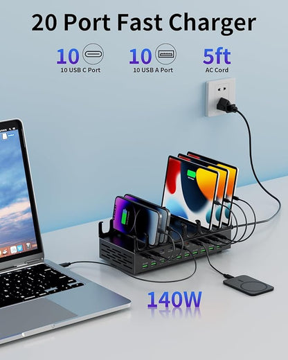 770W Charging Station for Multiple Devices, 20-Port USB C Fast Charging Station with Dual 140W PD PPS Port, Multi Device Fast Charger Dock for MacBook Pro Laptop, iPhone, iPad, Tablet, Cell Phone