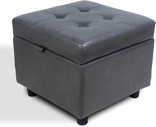 H&B Luxuries Tufted Leather Square Flip Top Storage Ottoman Cube Foot Rest (Grey with Storage)