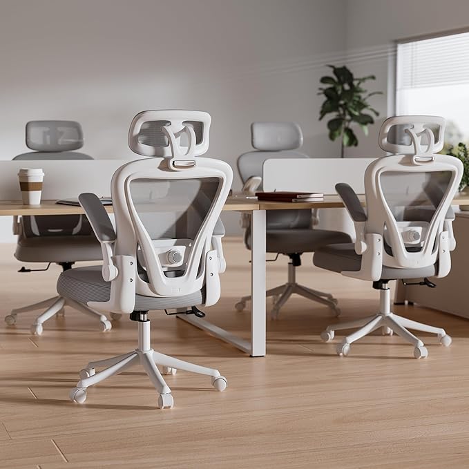 Computer Desk Chair, Ergonomic Office Chair M903 with Wheels, High Back Mesh Office Chair with Adjustable Lumbar Support, Headrest, Flip-Up Armrests, Withe Grey
