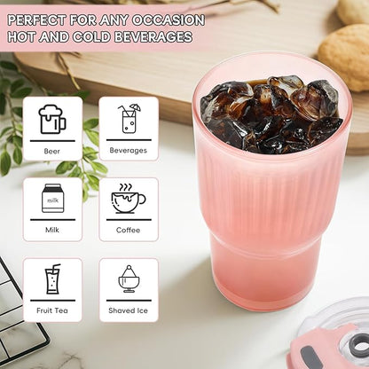 Iced Coffee Cups with Lids: Coffee Bar Accessories - Ribbed Glass Tumbler with Silicone Straw and Lid - 20oz Leak Proof Reusable Glass Cups and Tumblers with Lid and Silicone Straws(1Pcs-Pink)