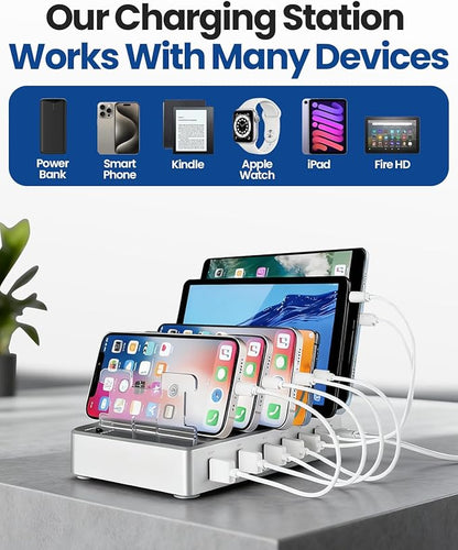 6-Port USB Charging Station with 6 Included Cables, Fast Charging Hub for iPhone Android Cell Phone, Tablet, Smartwatch - Multi Port Desktop Organizer (Silver)