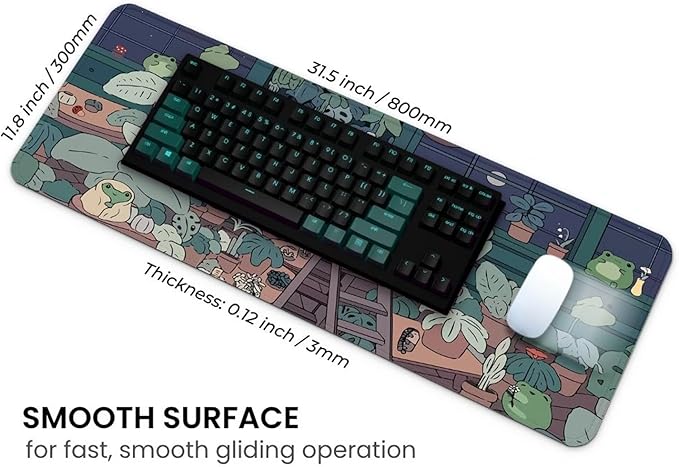 MAY FLOWER Large Gaming Mouse Pad, Full Keyboard Mat, Long Laptop Mousepad, Computer Mouse Mat for Home and Office, Anti-Slip Rubber Base, 31.5 x 11.8 Inches (Green Frog)
