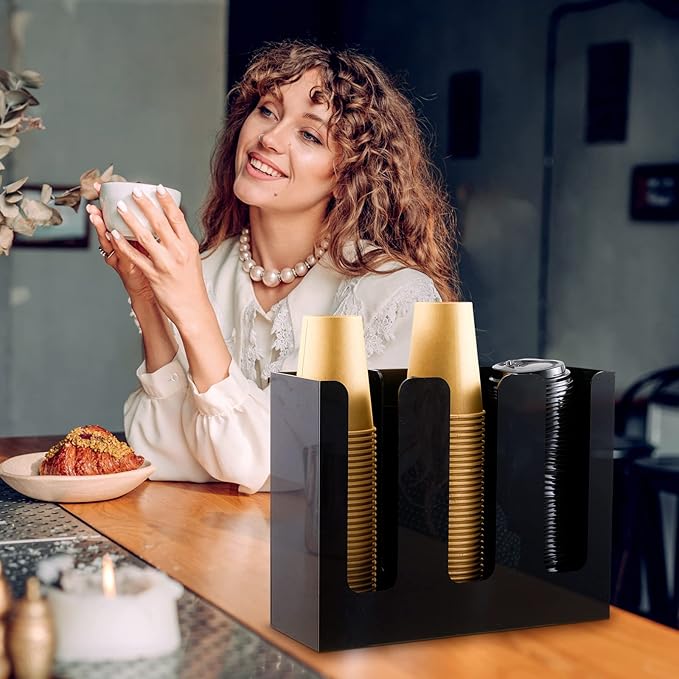 Mumufy 2 Pack 3 Compartments Acrylic Cup Storage Organizer, Disposable Paper Cup Dispenser, Coffee Lid Sleeve Holder for Countertop Restaurant Breakroom Coffee Station Bar Shop Party Supplies