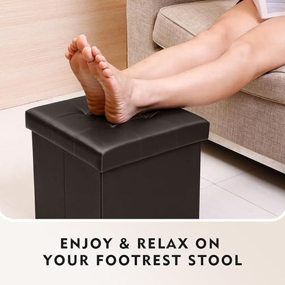 B FSOBEIIALEO Storage Ottoman Small Cube Foot Rest Seat Faux Leather, Brown 12.6"X12.6"X12.6" (2 Pack)