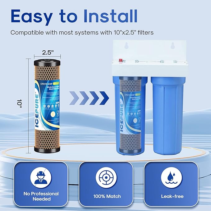 ICEPURE 1 Micron 2.5" x 10" Whole House Water Filter Coconut Shell Activated CTO Carbon and KDF Cartridge for Home, Compatible with WFPFC8002, WFPFC9001, FXWTC, SCWH-5, WHEF-WHWC, AMZN-SCWH-5, 2PACK