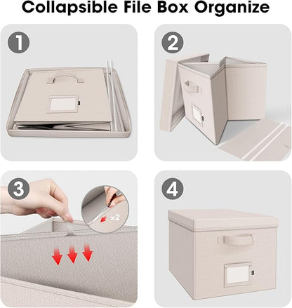 File Organizer Boxes with Lid, Linen Hanging File Storage Boxes with Handle, Collapsible Document Filling Boxes for Letter/Legal Folder, Portable File Box for Office/Decor/Home (2 Pack, Ivory)