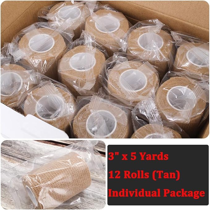 12 Rolls Elastic Self Adhesive Bandage Wrap 3 Inch, Breathable Non Woven Cohesive Bandage, Vet Wrap for Dogs, Ankle Sprains Swelling Medical First Aid Tape, Sports Athletic Tape Brown