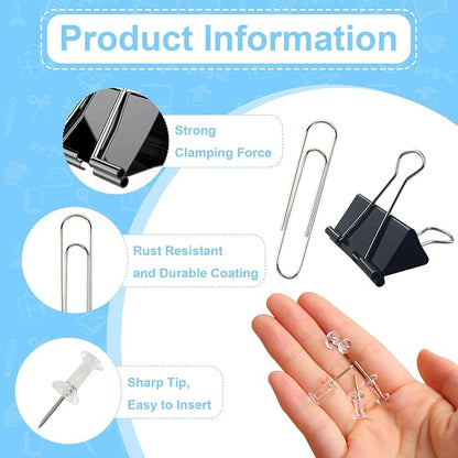 Paper Clips and Binder Clips Office Supplies Paperclips Assorted Sizes, 240 PCS Black Office Clips Paperclips and Binder Clips Set, Small Binder Clip Cute Binder Clip Push Pin Paper Clamp Thumb Tack