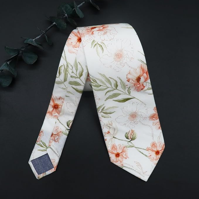 Cotton Floral Ties for Men 2.76" Men's Skinny Tie Linen Flower Printed Neck Tie for Wedding Dating Party