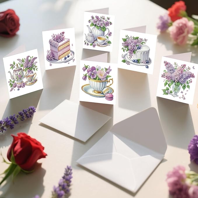 jinglinhh 12pcs Valentine's Day Diamond Art Painting Love Heart Cookies Cakes Afternoon Tea Flowers Greeting Cards with Envelopes, DIY Card Making Kits for Adults, Diamond Art Birthday Holiday Cards Craft Gifts