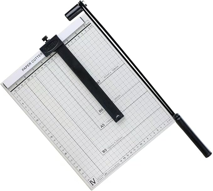 12-Inch Heavy Duty Guillotine Paper Cutter, 12 Sheet Capacity, Self-Sharpening Blade & Safety Lock, Paper Trimmer for Cardstock, Photos, Craft Paper for Office, School, Home Use (White)