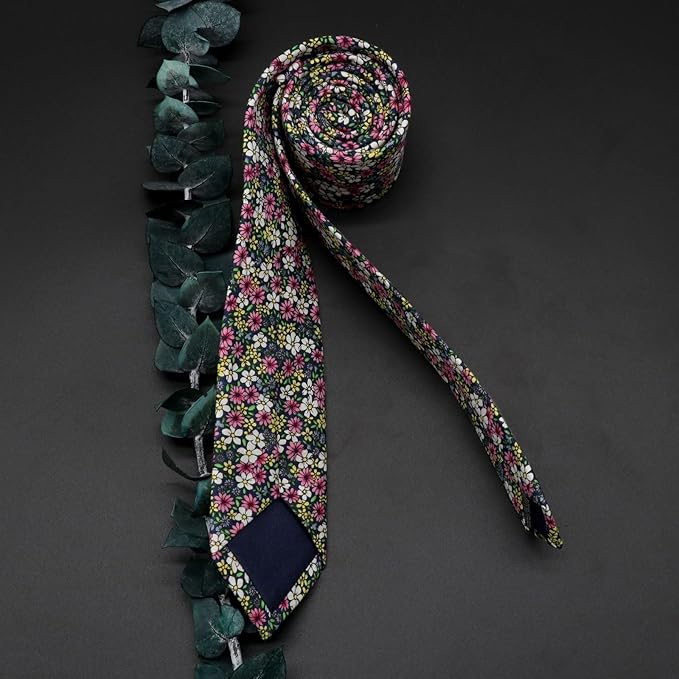 Cotton Floral Ties for Men 2.76" Men's Skinny Tie Linen Flower Printed Neck Tie for Wedding Dating Party