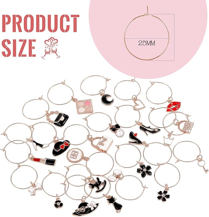 Junkin 24 Pcs Wine Glass Charms Markers Tags for Stem Glasses Drink Markers Wine Charm Ring Identifier for Wedding Bachelorette Tasting Holiday Party Favor Decoration (Elegant Style)