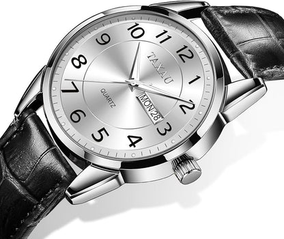 Men's Watch Big Face Easy Read Arabic Numeral Dress Watches for Men Classic Black Brown Leather Band Analog Mens Wrist Watch with Day and Date Fashion Business Waterproof Luminous Quartz Watch