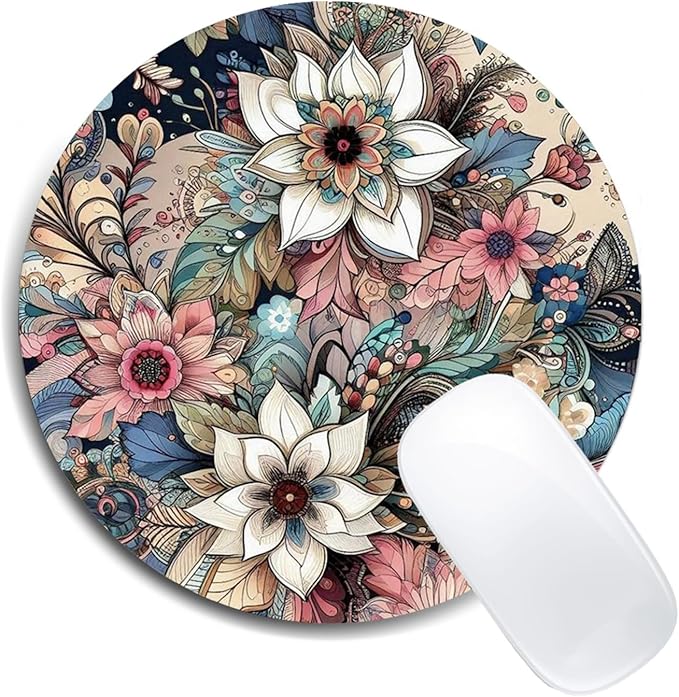 Floral Mandala Pattern Mouse Pad Round Non-Slip Rubber Mousepad Laptop Office Computer Decor Cute Desk Accessories Customized Design Mouse Pad