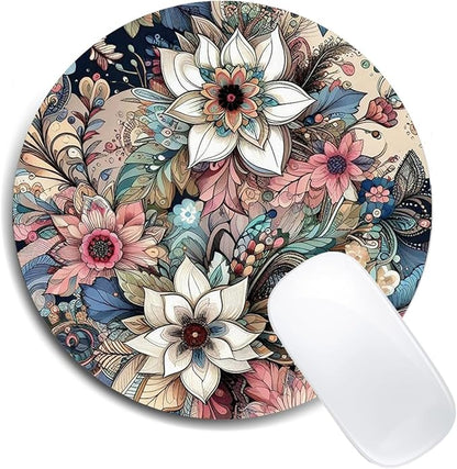 Floral Mandala Pattern Mouse Pad Round Non-Slip Rubber Mousepad Laptop Office Computer Decor Cute Desk Accessories Customized Design Mouse Pad