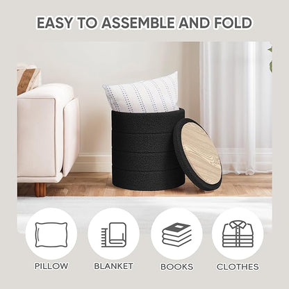 PINPLUS Round Storage Ottoman Foot Rest Stool with Tray Velvet Sherpa Folding Storage Ottoman,Boucle Foot Rest for Living Room, Bedroom, Dorm（Black）