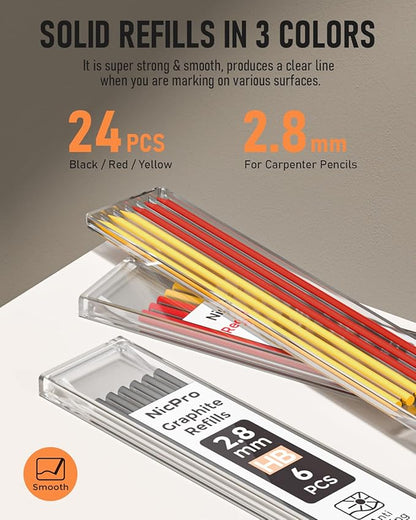 Nicpro 2 Pack Carpenter Pencil Set with Sharpener & Finger Grip, Mechanical Woodworking Pencils with 26 Refills (Red, Black, Yellow), Deep Hole Marker Heavy Duty Construction Pencils - With Case