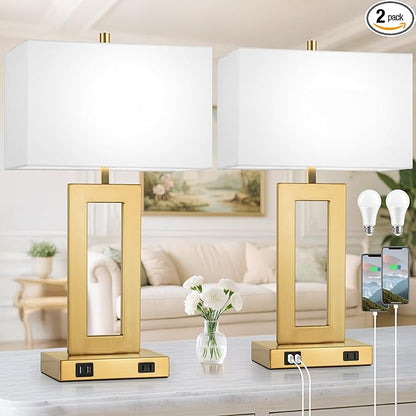 Modern Vintage Gold Table Lamp Set of 2, 28inch Tall Lamps for Living Room Bedroom with 2 USB Ports&AC Outlet, 3 Way Dimmable Touch Control Desk Lamps For Reading Home Office, E26 Socket, with Bulb