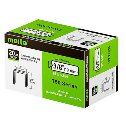 meite T50 Heavy Duty Staples, 3/8 Inch Galvanized T50 Staples for Staple Gun, 20 Gauge 3/8 Inch Crown Staple for Upholstery, Construction, Furniture (1 Case)