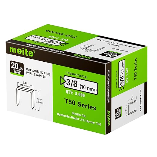 meite T50 Heavy Duty Staples, 3/8 Inch Galvanized T50 Staples for Staple Gun, 20 Gauge 3/8 Inch Crown Staple for Upholstery, Construction, Furniture (1 Case)