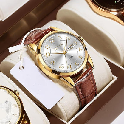 Men's Watch Big Face Easy Read Arabic Numeral Dress Watches for Men Classic Black Brown Leather Band Analog Mens Wrist Watch with Day and Date Fashion Business Waterproof Luminous Quartz Watch