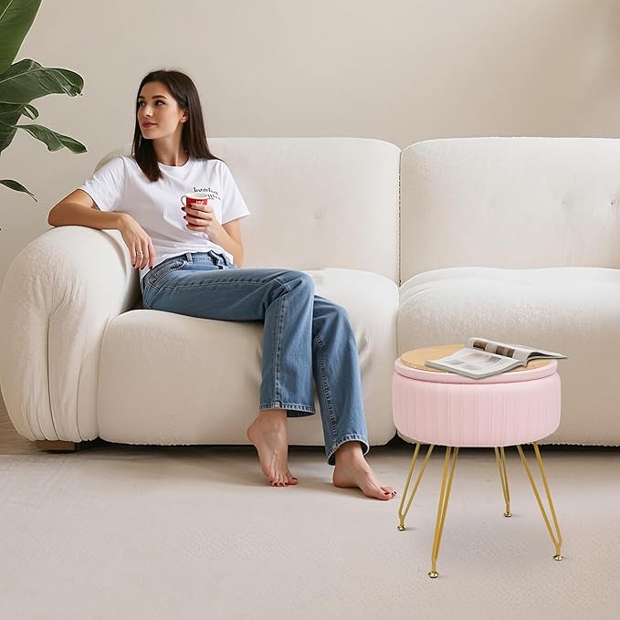 Round Vanity Stool with Storage Ottoman,Vanity Chair for Makeup Room with Removable Cover, Small Footrest Ottoman for Home, Living Room, Bedroom (Pink)