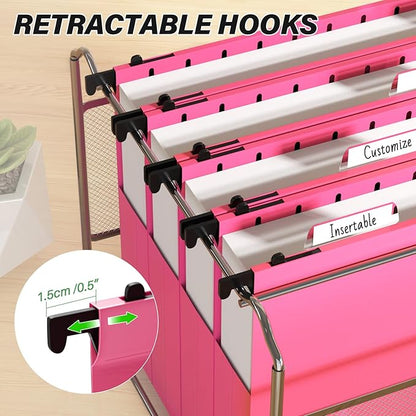 Ansook Plastic Hanging File Folders,Letter Size,Extra Capacity, 2" Expanding Accordian Pocket,Heavy Duty for Filing Cabinet,Hard and Durable Hang Folders Organizer,Letter Size,Pink - 12 Pack
