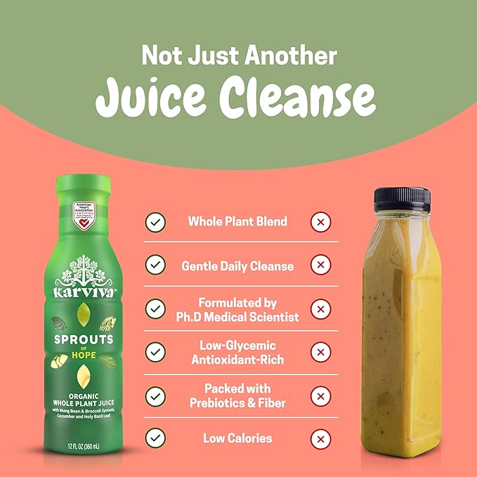Karviva Organic Juice Cleanse Weight Control Pack with Prebiotic Detox, Sprouts, Aloe, Berries & Adaptogens for Digestion, Immunity, Liver & Thyroid Health, 6 BPA-Free Bottles, 12 oz Each
