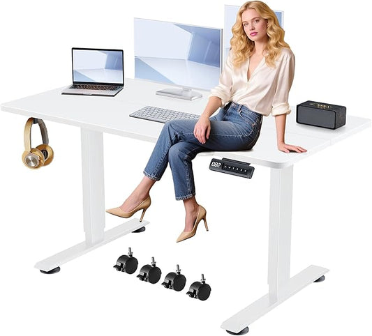 Himimi Electric Standing Desk Adjustable Height,63 x 24 inch Sit Stand up Adjustable Desk with Memory Presets,Portable Computer Desk for Gaming/Working,Free Hook, Lockable Wheels,Mouse Pad,White