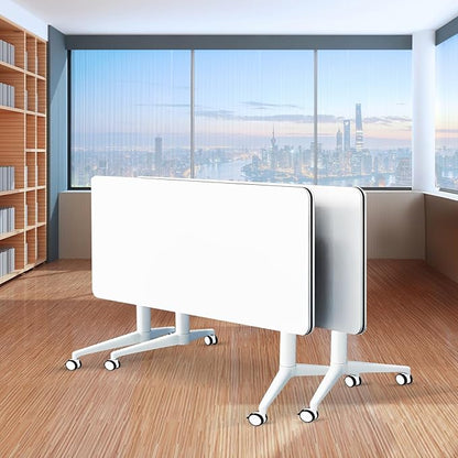 Folding Conference Table,Movable Conference Room Table with Wheels,White Wood Rectangular Conference Table with Modern Business Style,Modular Meeting Training Tables for Office Classroom(2,55.1'')
