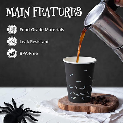 Halloween Disposable Paper Party Cups, Bulk 50 Pack, Leak-Resistant, 12 oz Hot and Cold Cups for Restaurants and Parties, Bats, Black & Silver