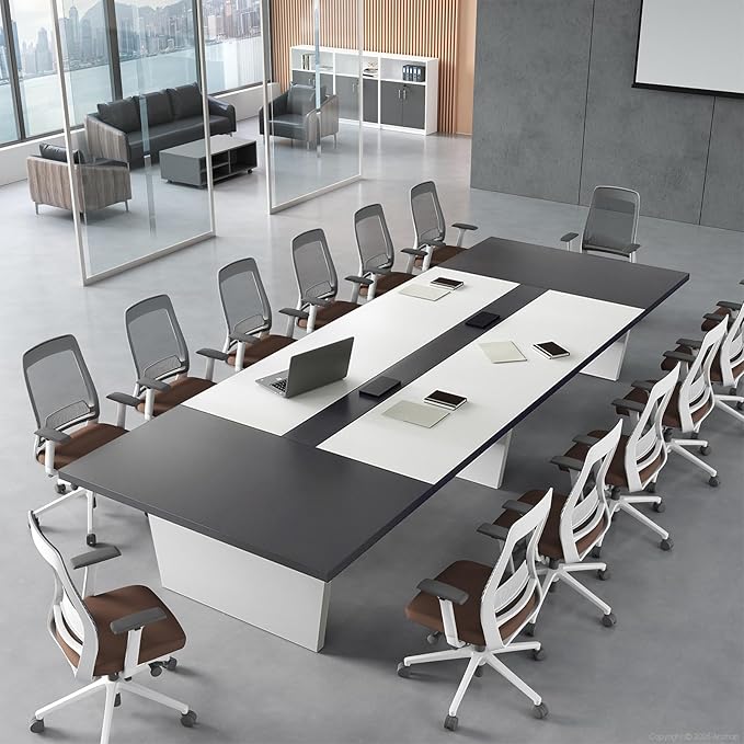 10FT Conference Table, Large Rectangular Seminar Meeting Table, Modern Conference Room Table with Cable Management & 2" Thickened DeskTop for Office Meeting (White + Grey, 118"L * 51"W * 30"H)